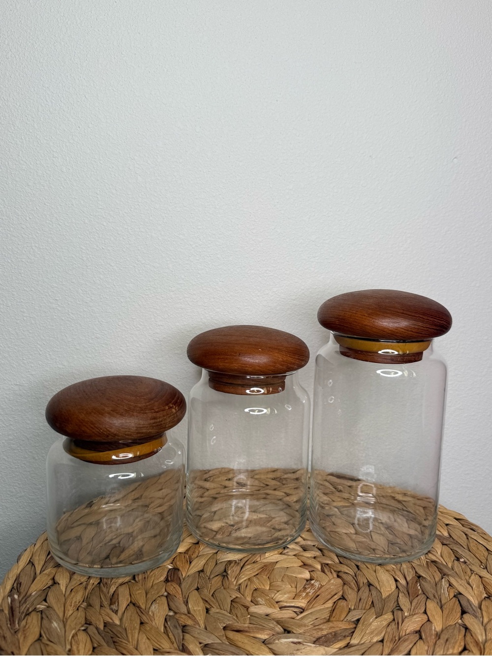 MCM Winsome Wood Glass Canisters Teak Mushroom Lids Vtg Canister set of three
